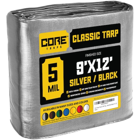 Core Tarps Heavy Duty Tarp, 12 ft L x 0.5 mm H x 9 ft W, 5 Mil, Silver/Black, Polyethylene CT-501-9X12